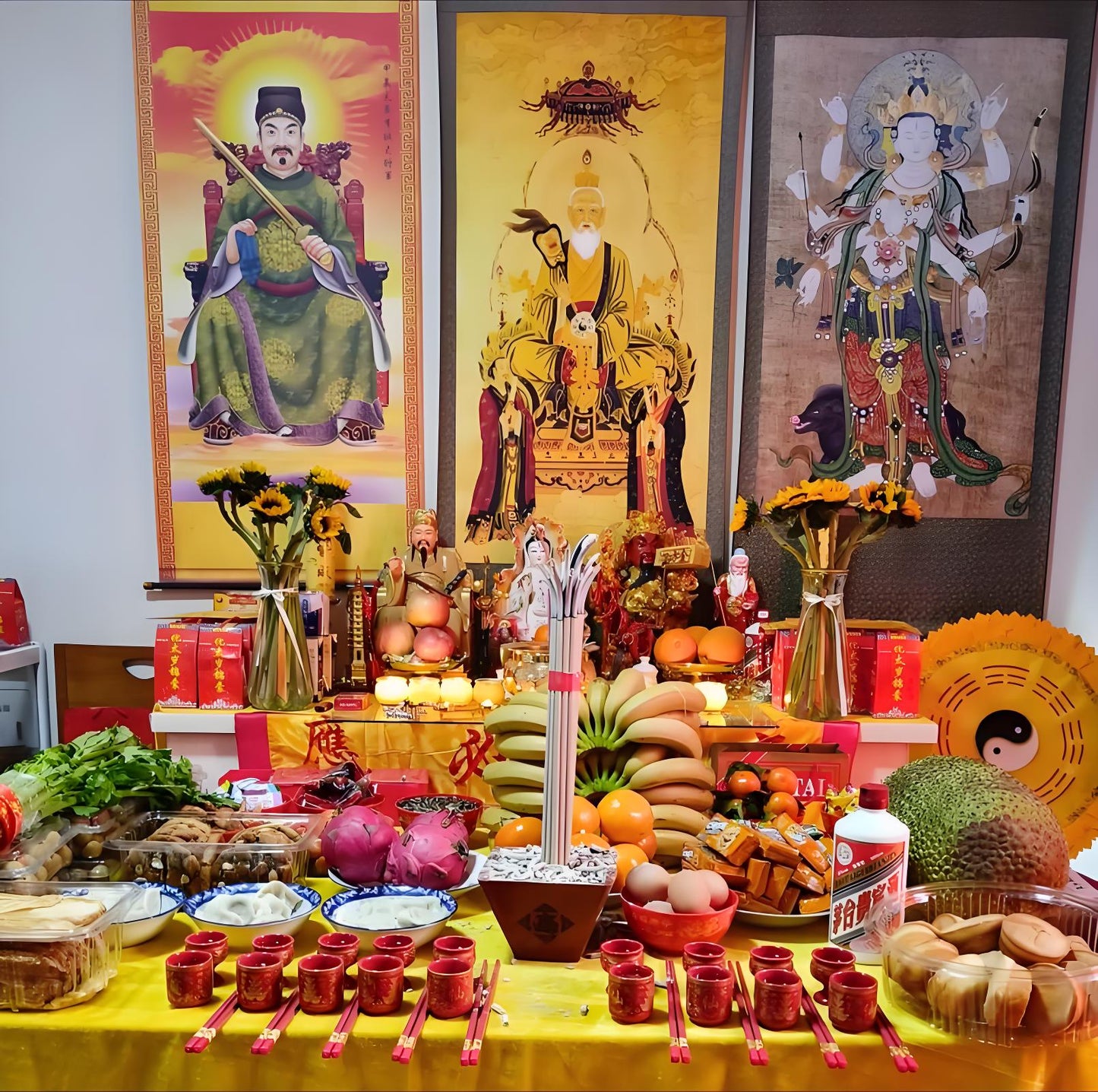 Altar setup for Baishui ceremony with offerings and deity images